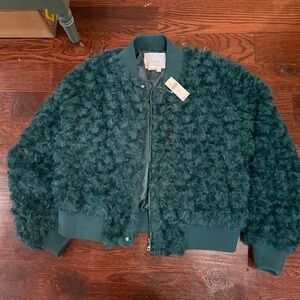 Anthropologie Teal Satin Bomber Jacket